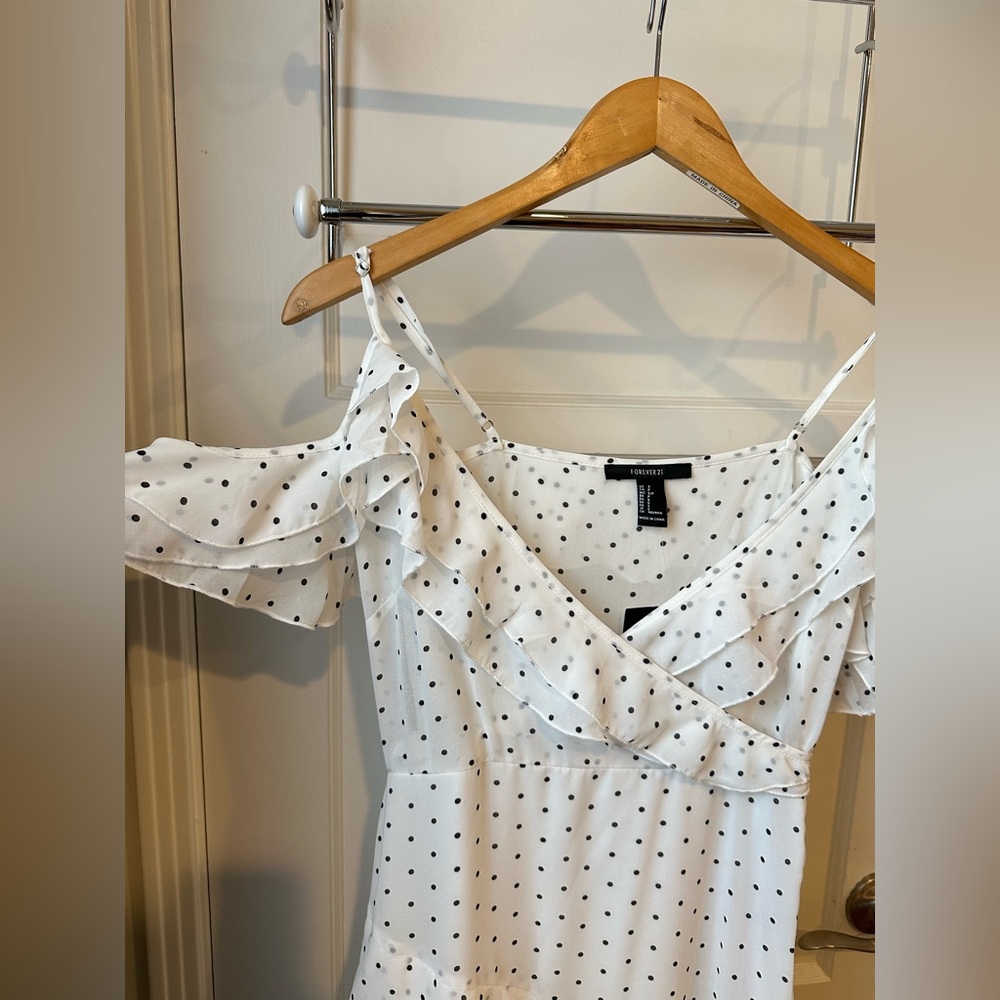 NWT Black and White Polka Dot Off-Shoulder Ruffled Maxi Dress, Size S